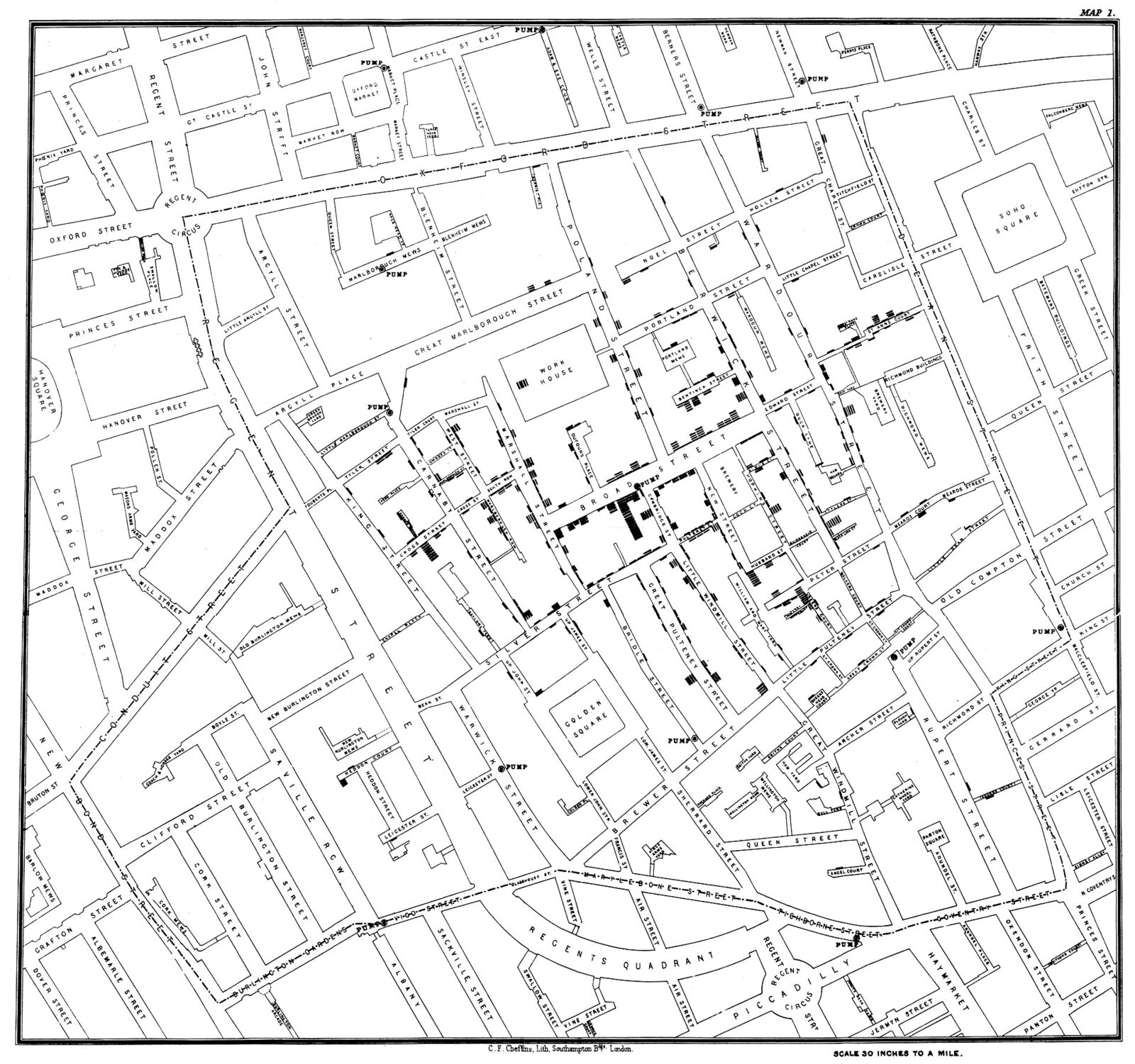 Snow’s map of the outbreak, a bar for each death, with the Broad Street pump at its heart
