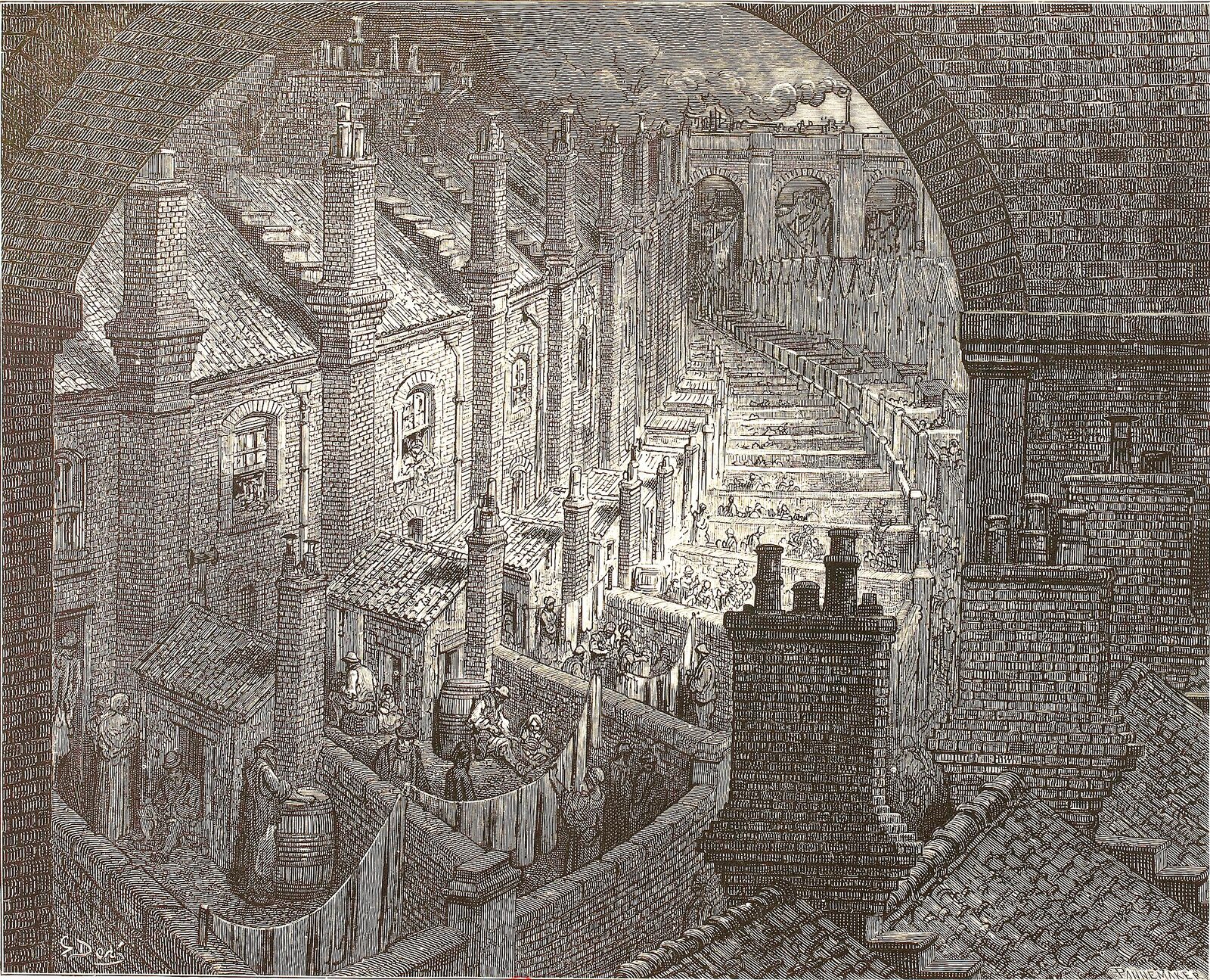 London’s crowded back streets, as Gustave Doré saw them from a railway, 1872