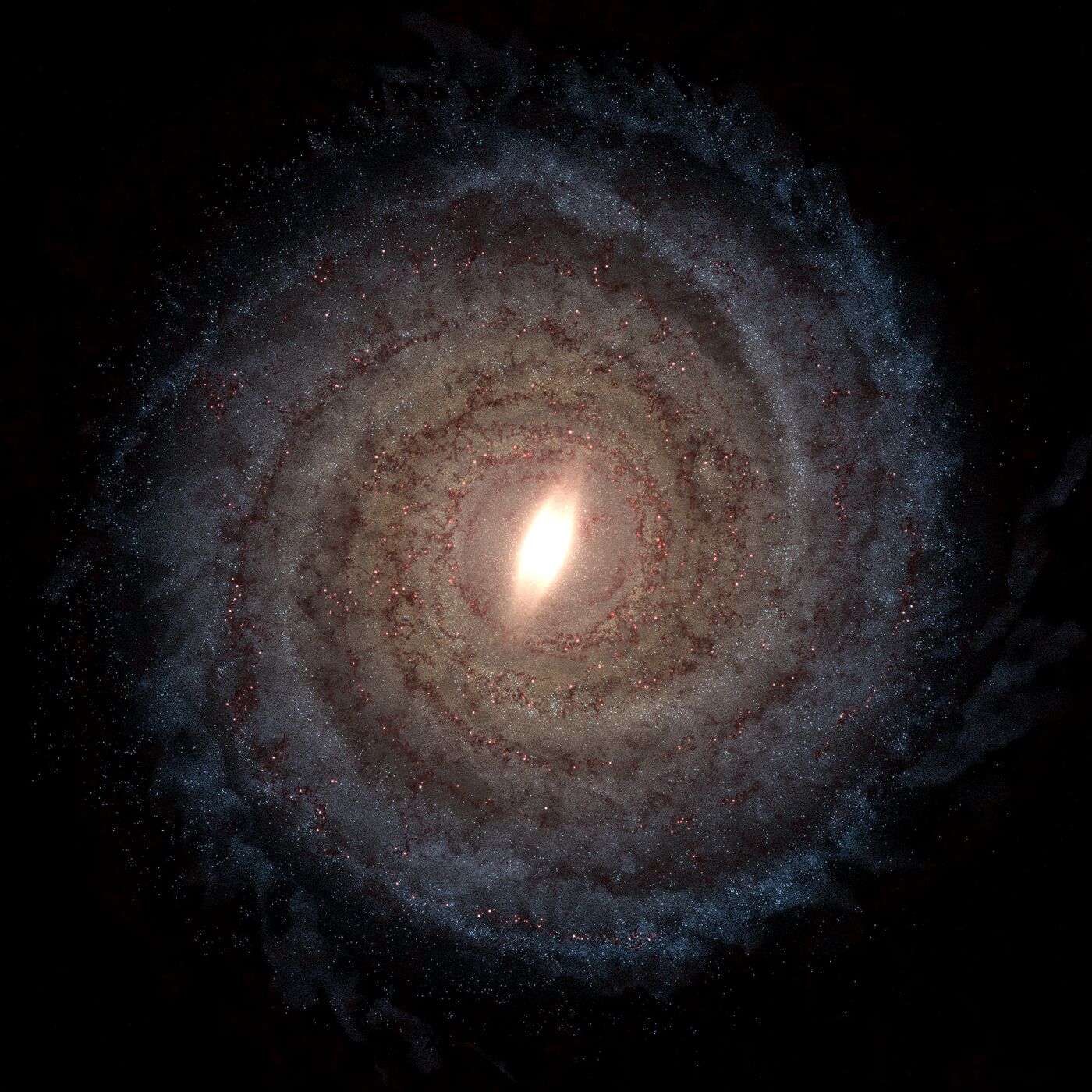 The Milky Way from above, as astronomers picture it today, with the Sun far out from the center